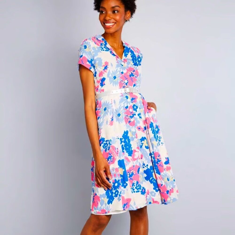 NWT Modcloth Exciting Find Shirt Dress Belted Floral Blue Pink Size Small S NEW